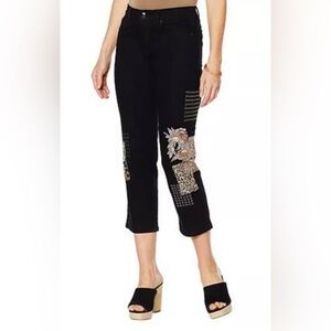 DG2 Diane Gilman Black Petite Size 6P Stretch Leopard Embroidered Cropped Jeans